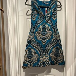 Alice + Olivia Teal and Gold Patterned Dress